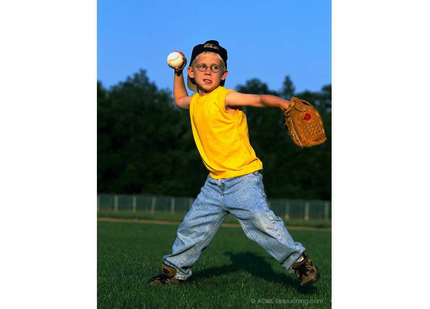 Photo retouching of young boy throwing baseball